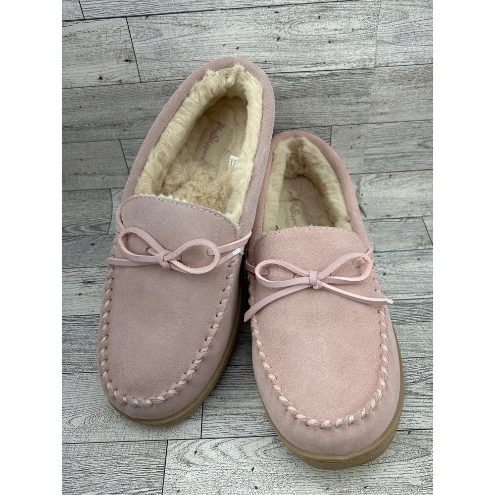 MyPillow MySlippers Women Sz 10W Pink Leather Moccasin Faux Fur Slippers